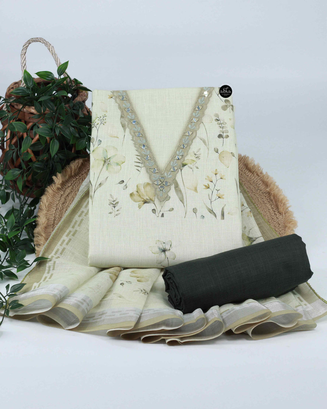 Off White &amp; Green Linen Unstitched Salwar Set with Floral Prints &amp;