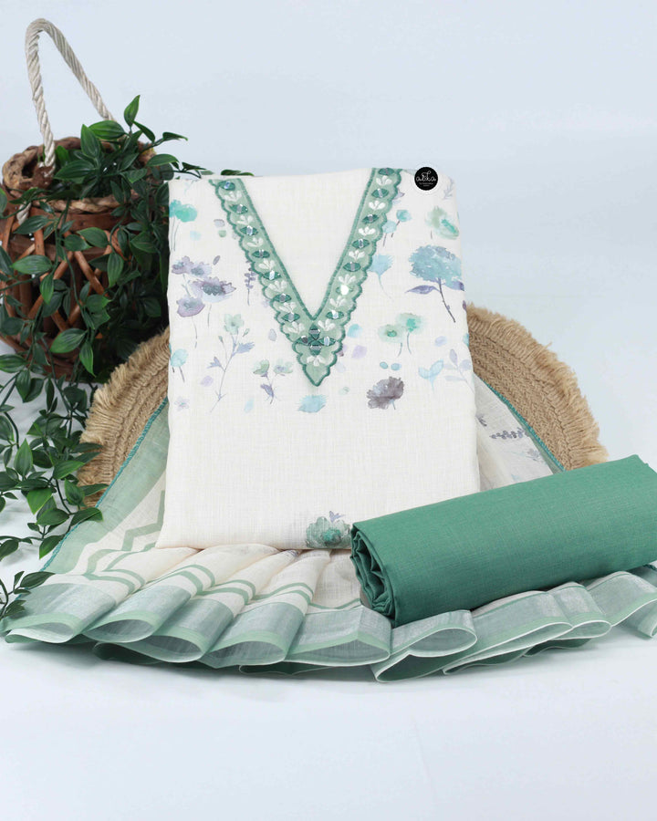 Off-White Linen Unstitched Salwar Set with Floral Prints &amp; Mirror Work