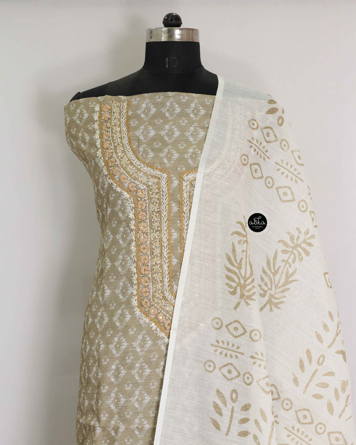Beige Printed Chanderi Cotton Salwar Set with Floral Hand Embroidery