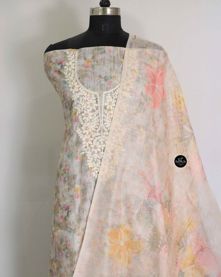 Light Beige &amp; Peach chanderi Unstitched Salwar set with Chikankari work