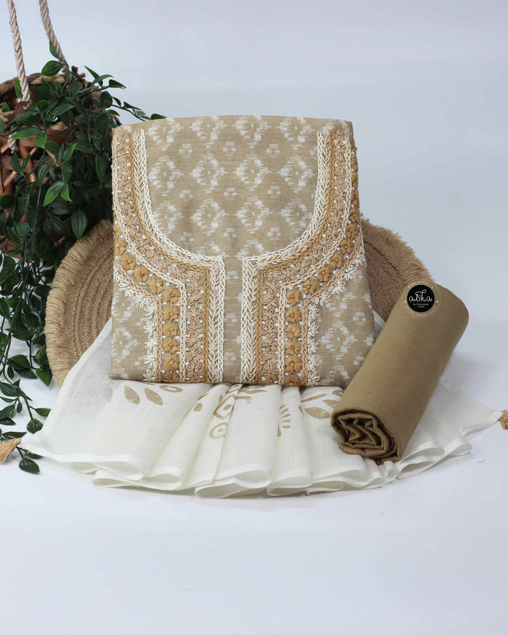 Beige Printed Chanderi Cotton Salwar Set with Floral Hand Embroidery