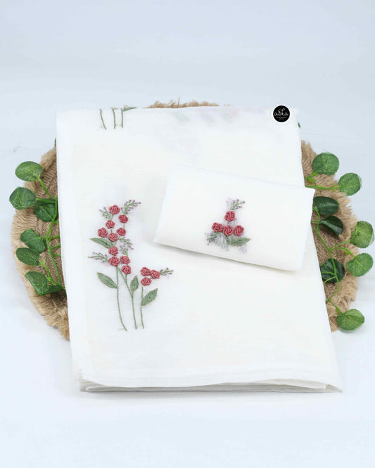 White Kota Saree with Floral Hand Embroidery – Ethnic Wear