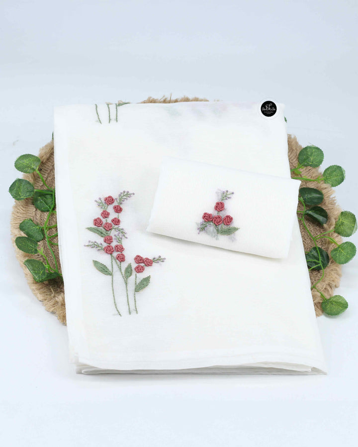 White Kota Saree with Floral Hand Embroidery