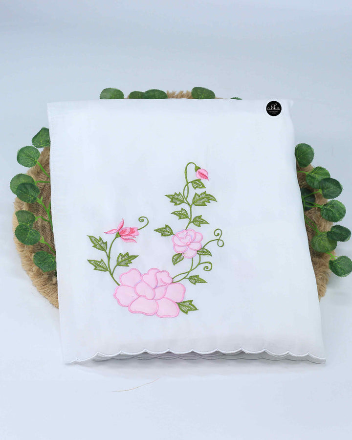 White Semi Silk Saree with Floral Applique Work