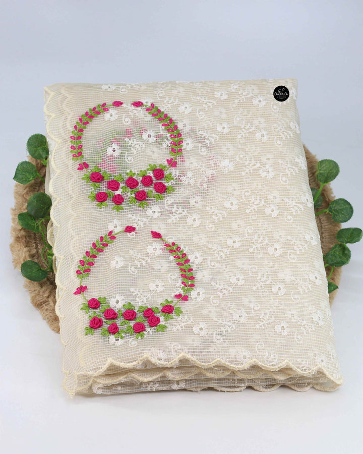 Cream Phulkari Saree with Floral Hand Embroidery