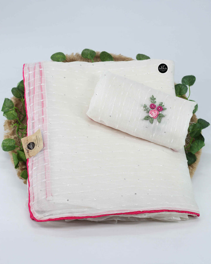 White Sequinned Organza Saree with Floral Hand Embroidery