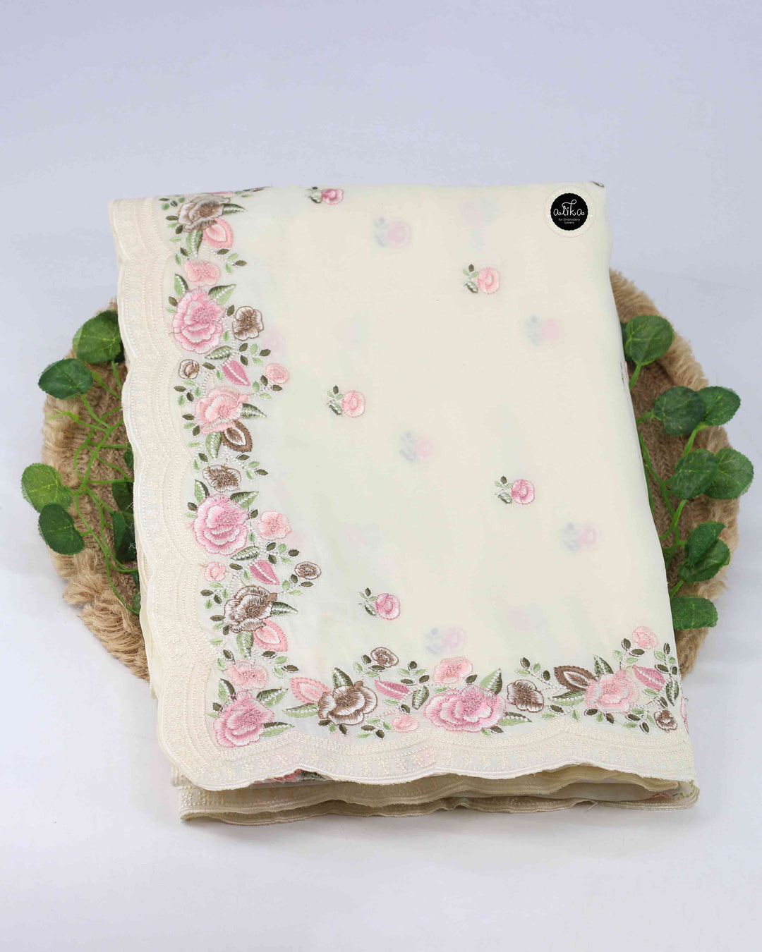 Off White Semi Silk Saree with Multi Colour Floral Machine Embroidery