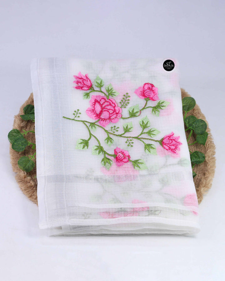 White Silky Kota Saree with Floral Machine Embroidery
