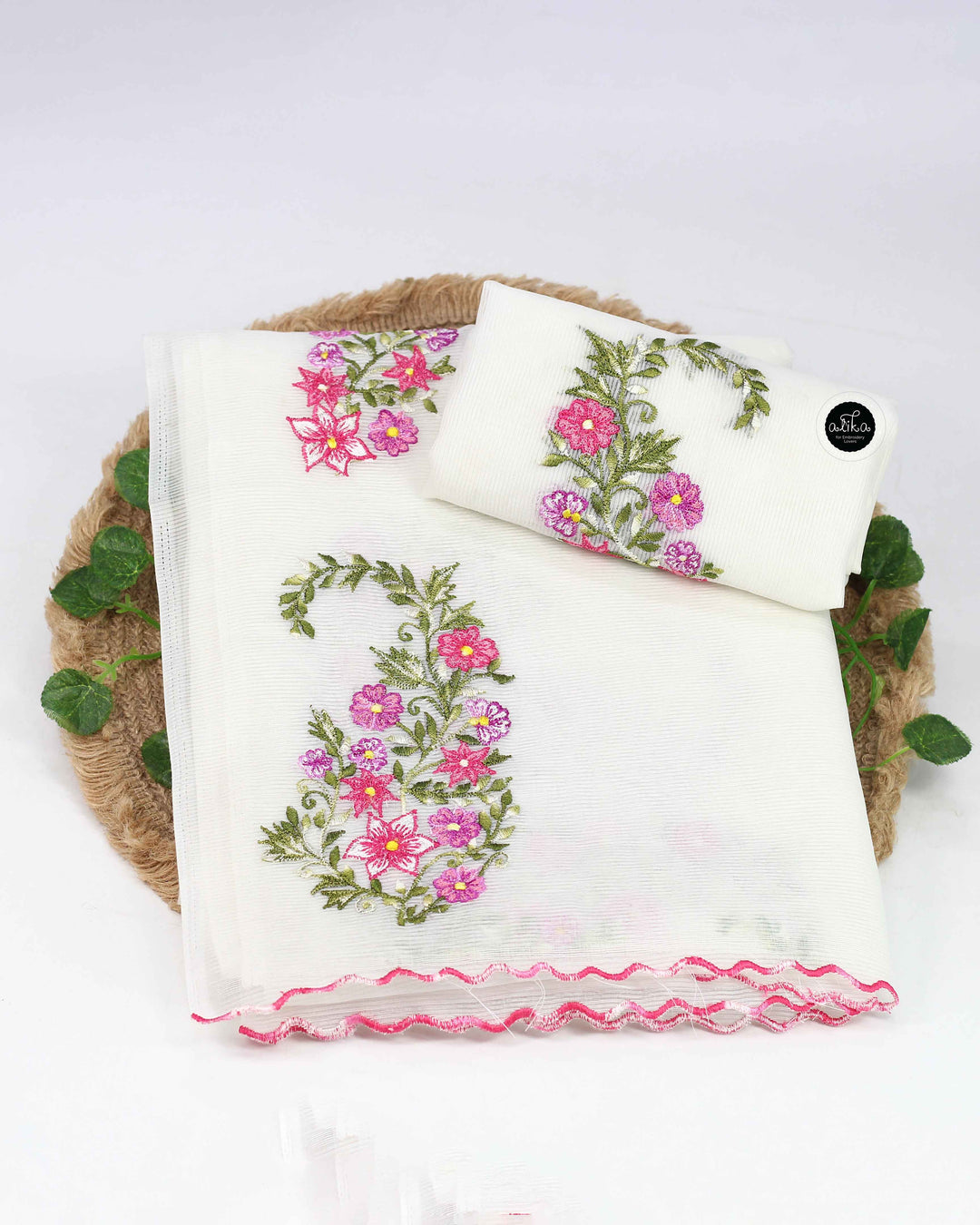 White Kota Saree with Floral Machine Embroidery