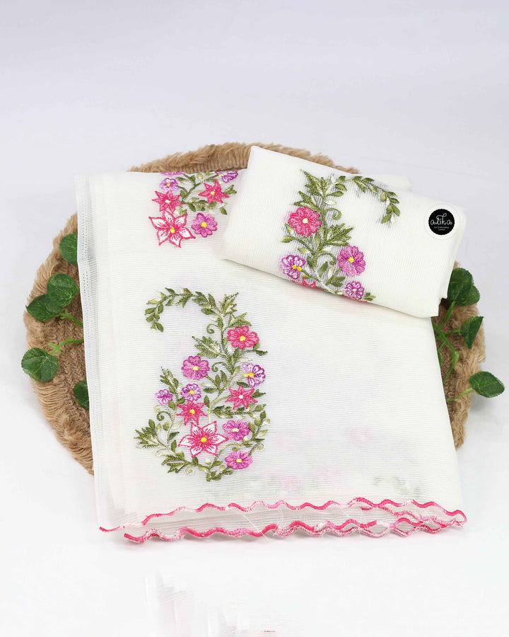 White Kota Saree with Floral Machine Embroidery