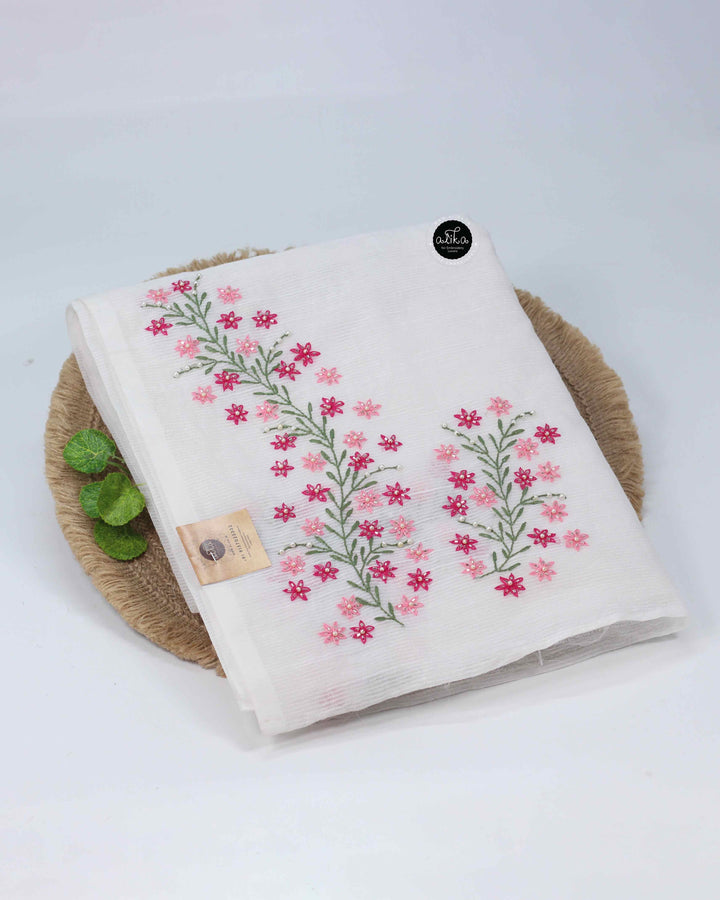 White Kota Saree with Floral Lazy Daisy Embroidery &amp; Bead