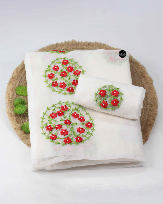 White Kota Saree with Floral Ribbon & Bead Work