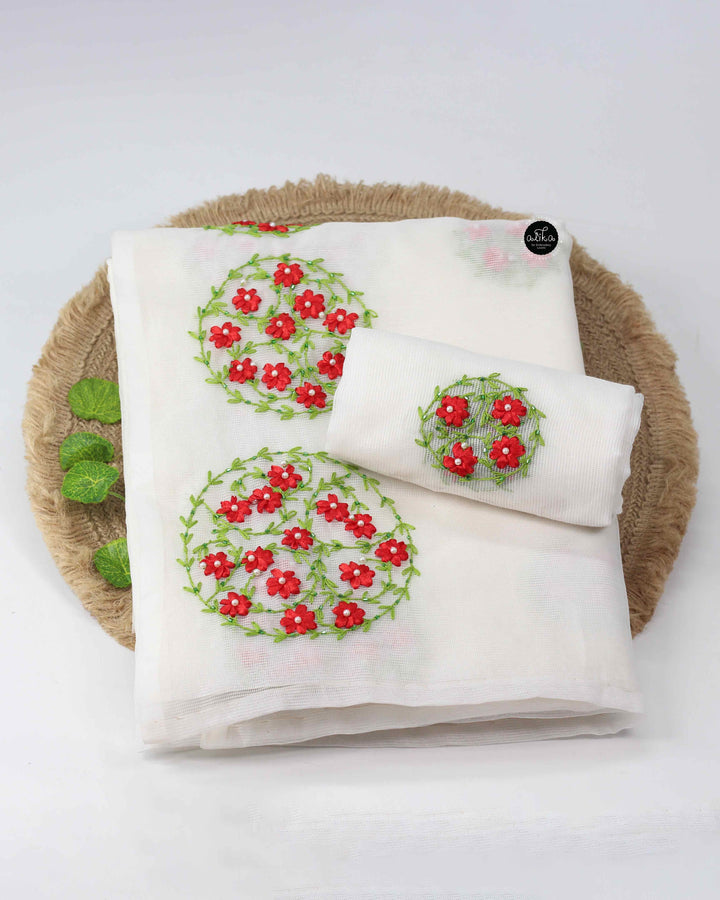 White Kota Saree with Floral Ribbon &amp; Bead Work