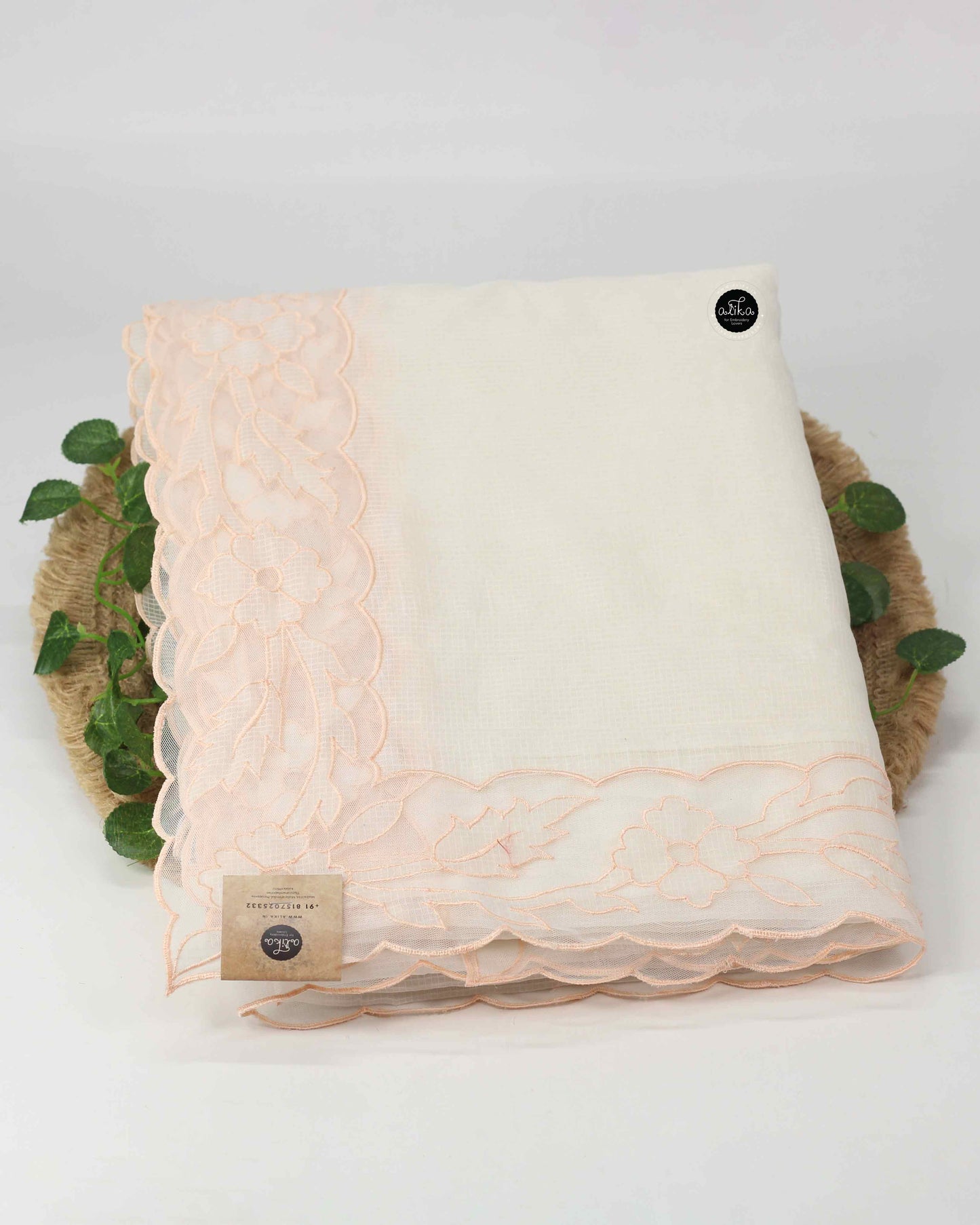 White Kota Saree with Peach Floral Net Applique Border