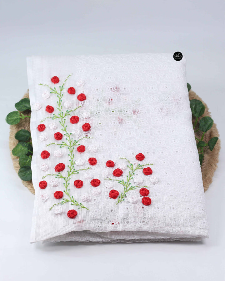 White Phulkari Saree with Floral Ribbon work