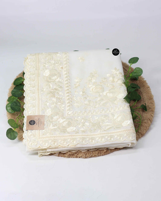 Off White Kota Saree with Floral Machine Embroidery