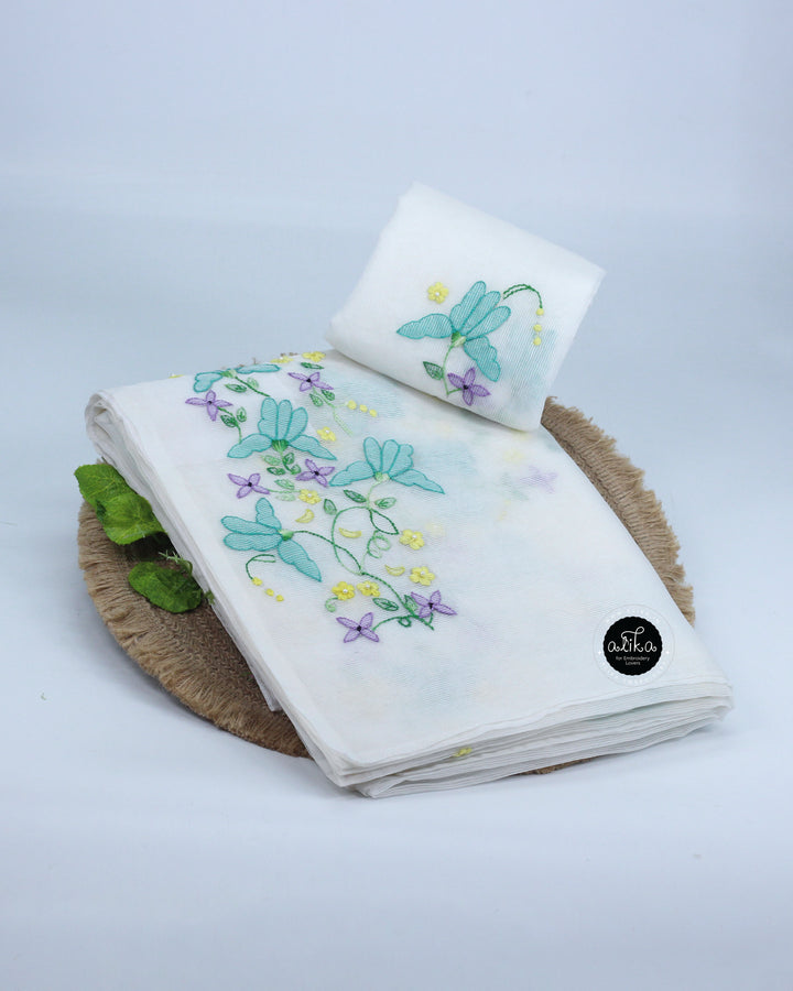 White Kota Saree with Multi-Colour Floral Hand Embroidery &amp; Shadow Work | Alika Fashion Store