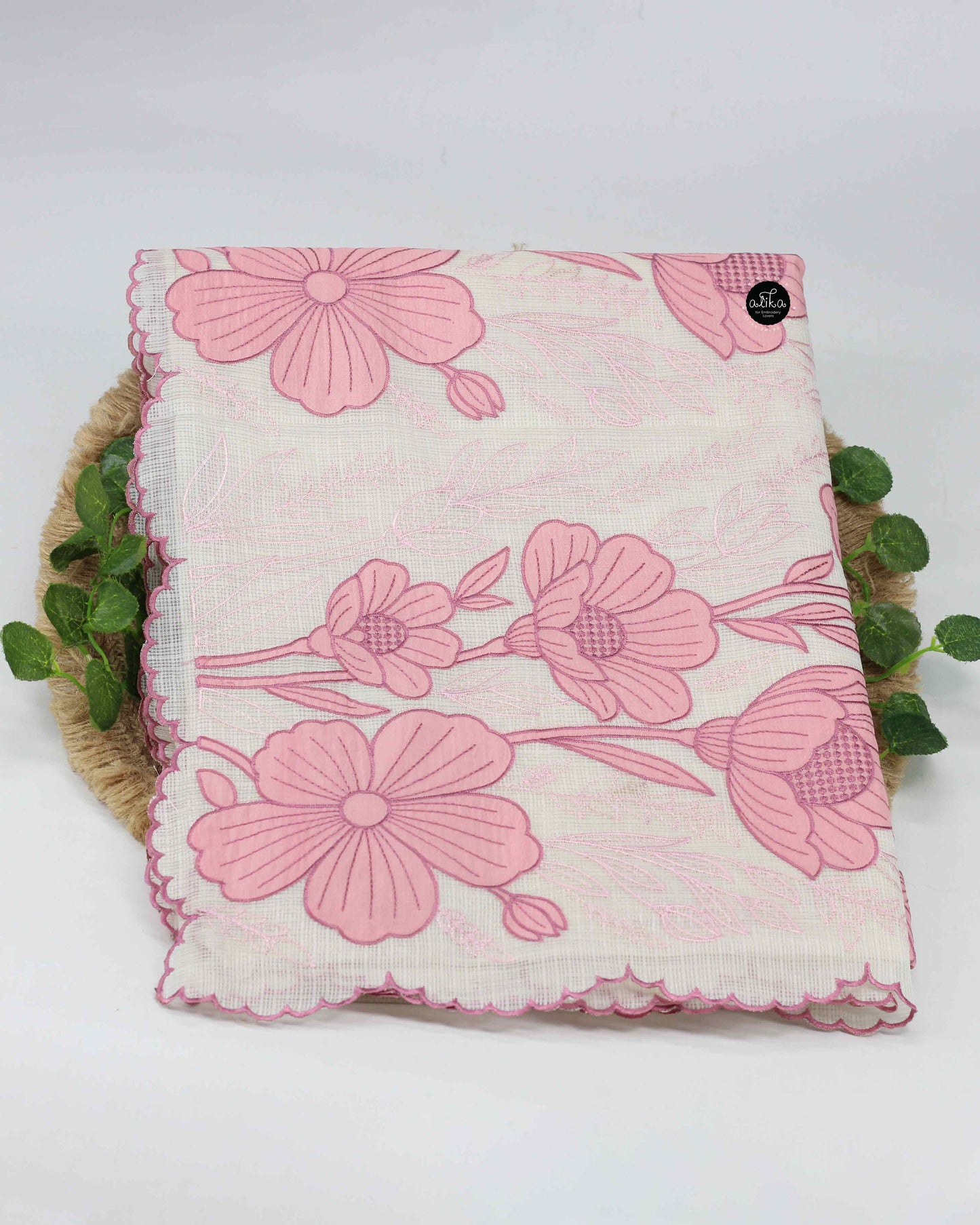 Off-White Kota Saree with Pink Floral Appliqué – Elegant Designer Wear