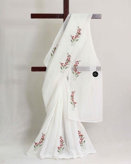 White Kota Saree with Floral Hand Embroidery – Ethnic Wear