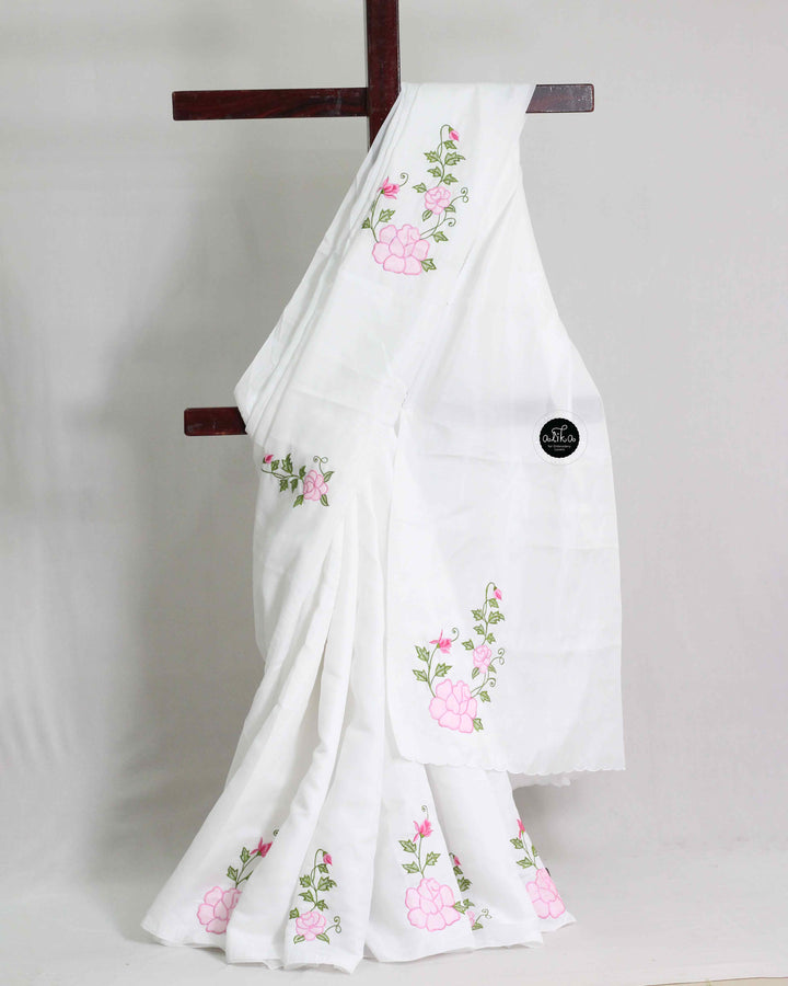 White Semi Silk Saree with Floral Applique Work