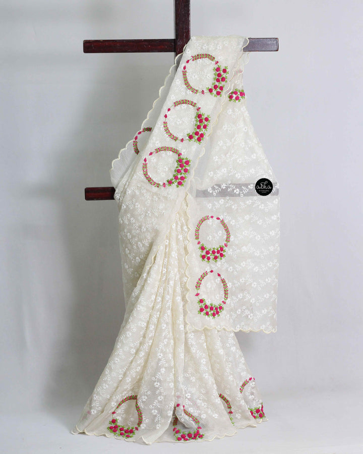 Cream Phulkari Saree with Floral Hand Embroidery