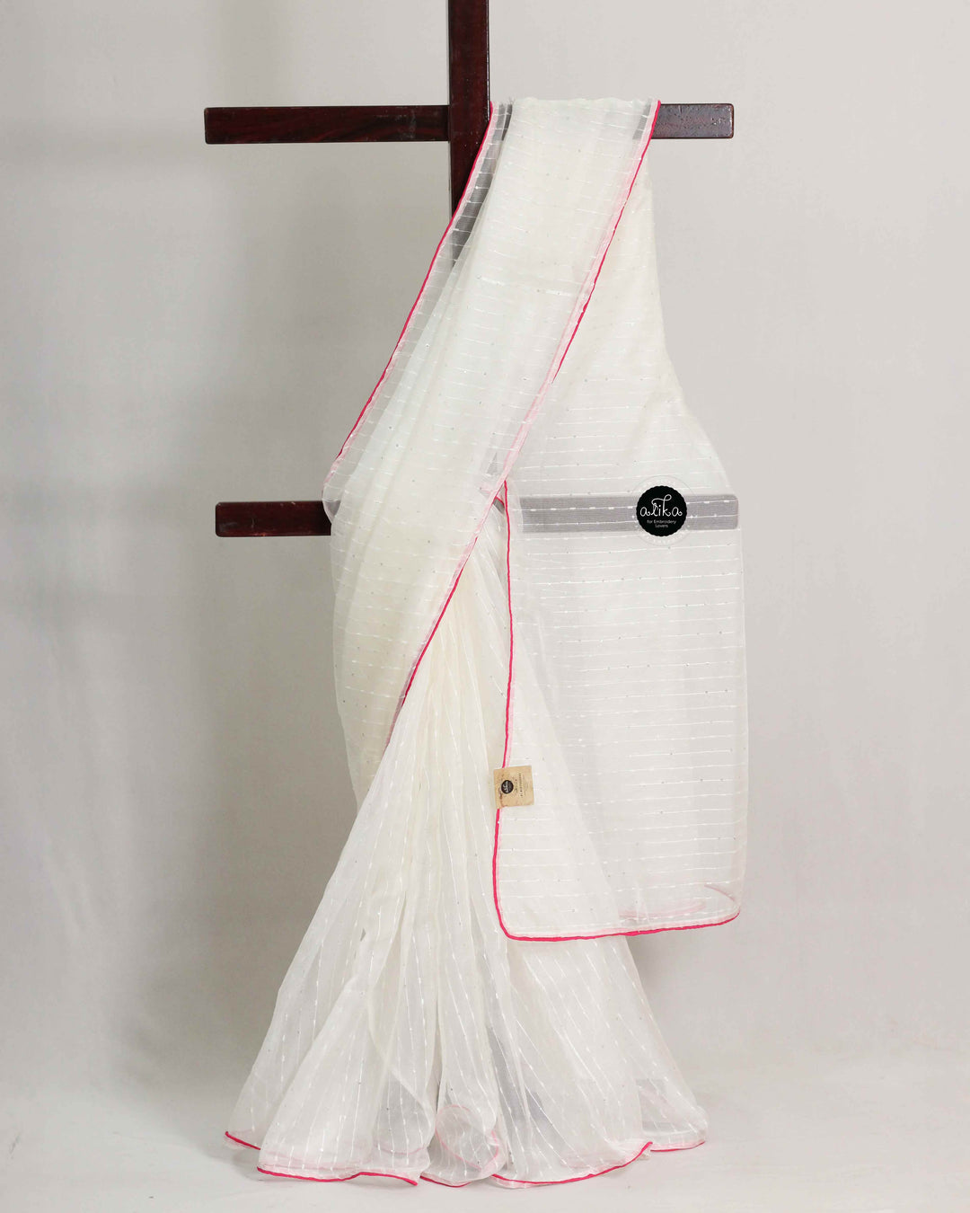 White Sequinned Organza Saree with Floral Hand Embroidery