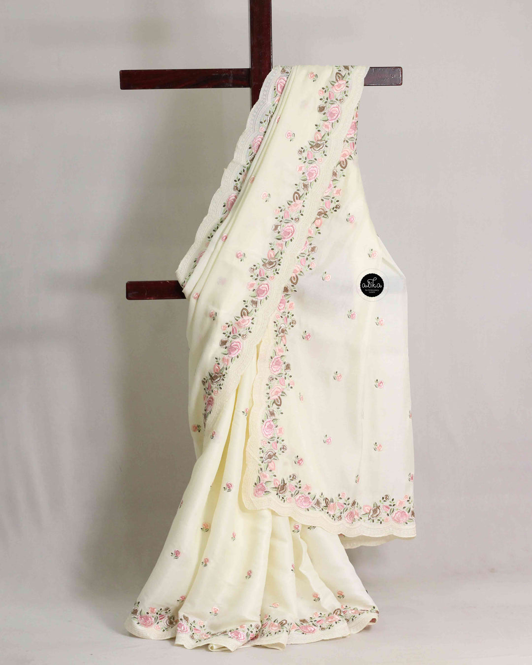 Off White Semi Silk Saree with Multi Colour Floral Machine Embroidery