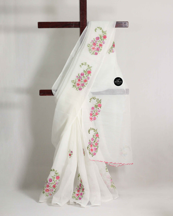 White Kota Saree with Floral Machine Embroidery