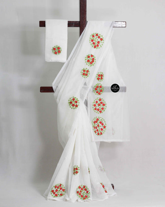 White Kota Saree with Floral Ribbon & Bead Work