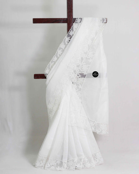 Pure White Kota Saree with Floral Net Applique Border