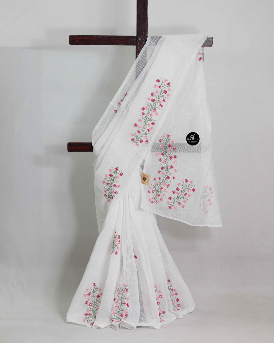 White Kota Saree with Floral Lazy Daisy Embroidery &amp; Bead