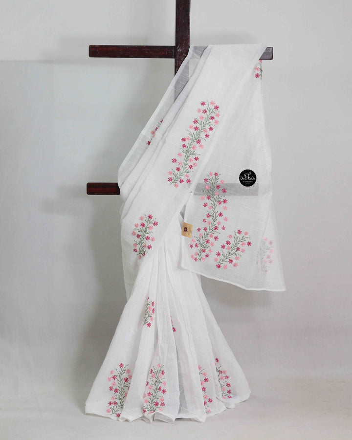 White Kota Saree with Floral Lazy Daisy Embroidery &amp; Bead