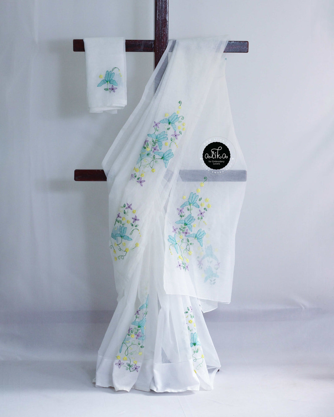 White Kota Saree with Multi-Colour Floral Hand Embroidery &amp; Shadow Work | Alika Fashion Store