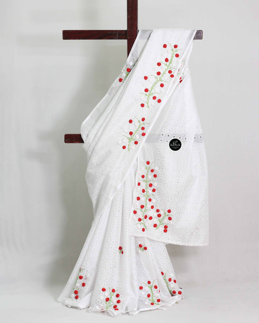 White Phulkari Saree with Floral Hand Embroidery