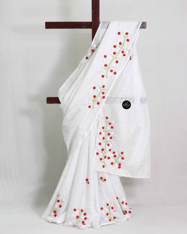 White Phulkari Saree with Floral Ribbon work