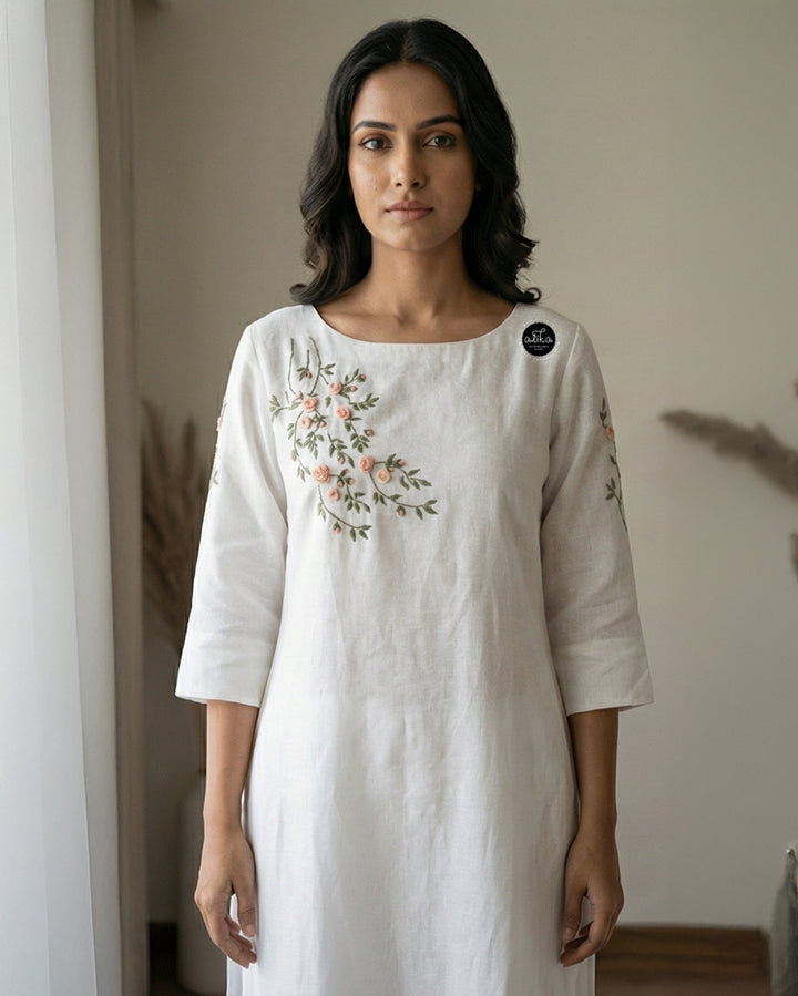 White Semi-Linen Stitched Kurti with Floral Hand Embroidery on Neckline &amp; Top