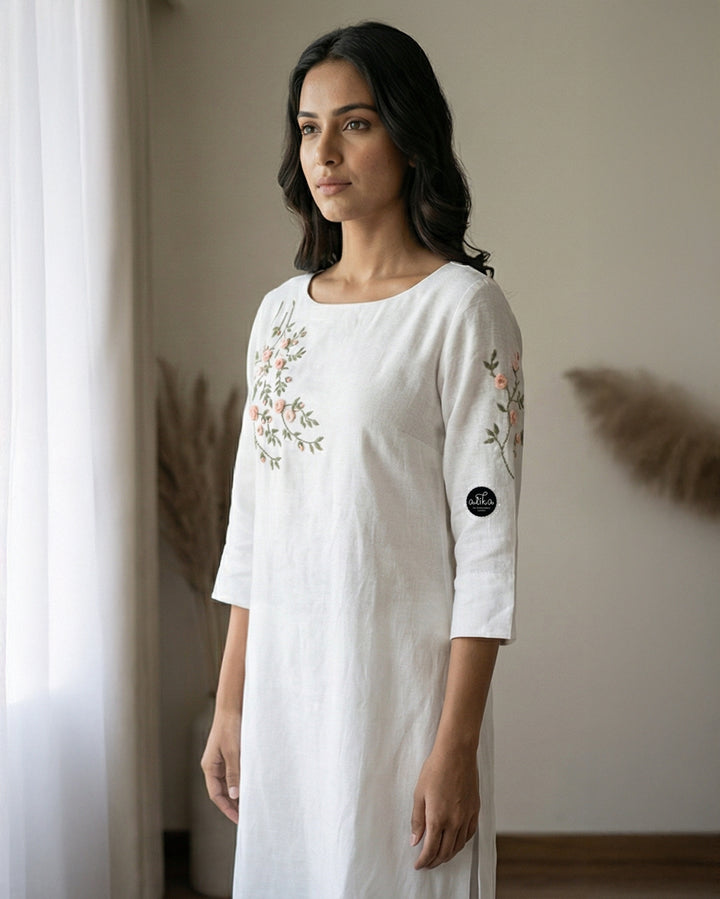White Semi-Linen Stitched Kurti with Floral Hand Embroidery on Neckline &amp; Top