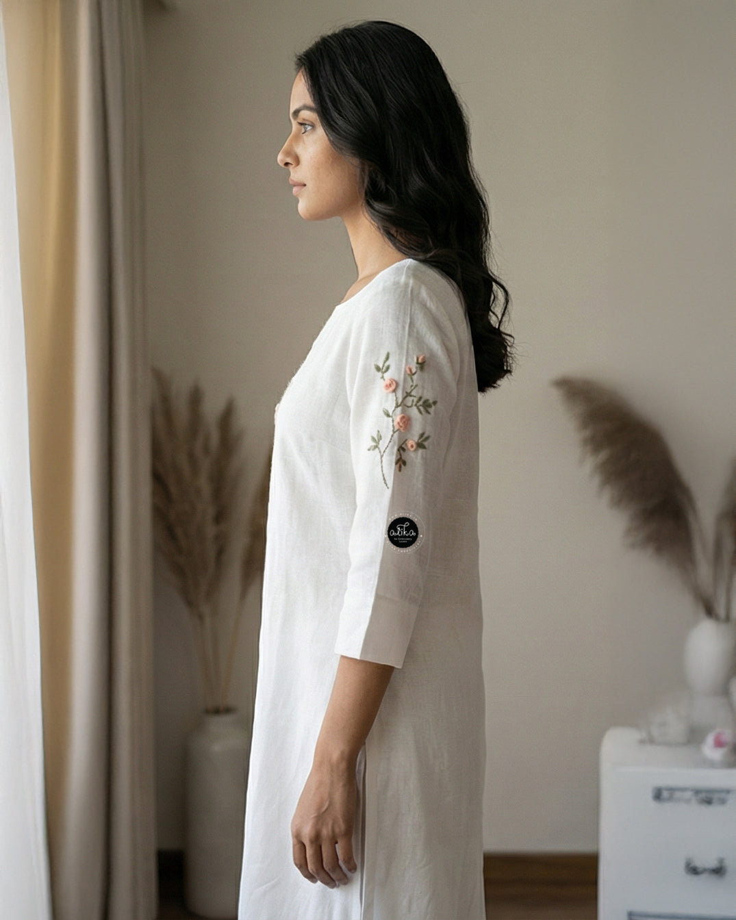 White Semi-Linen Stitched Kurti with Floral Hand Embroidery on Neckline &amp; Top