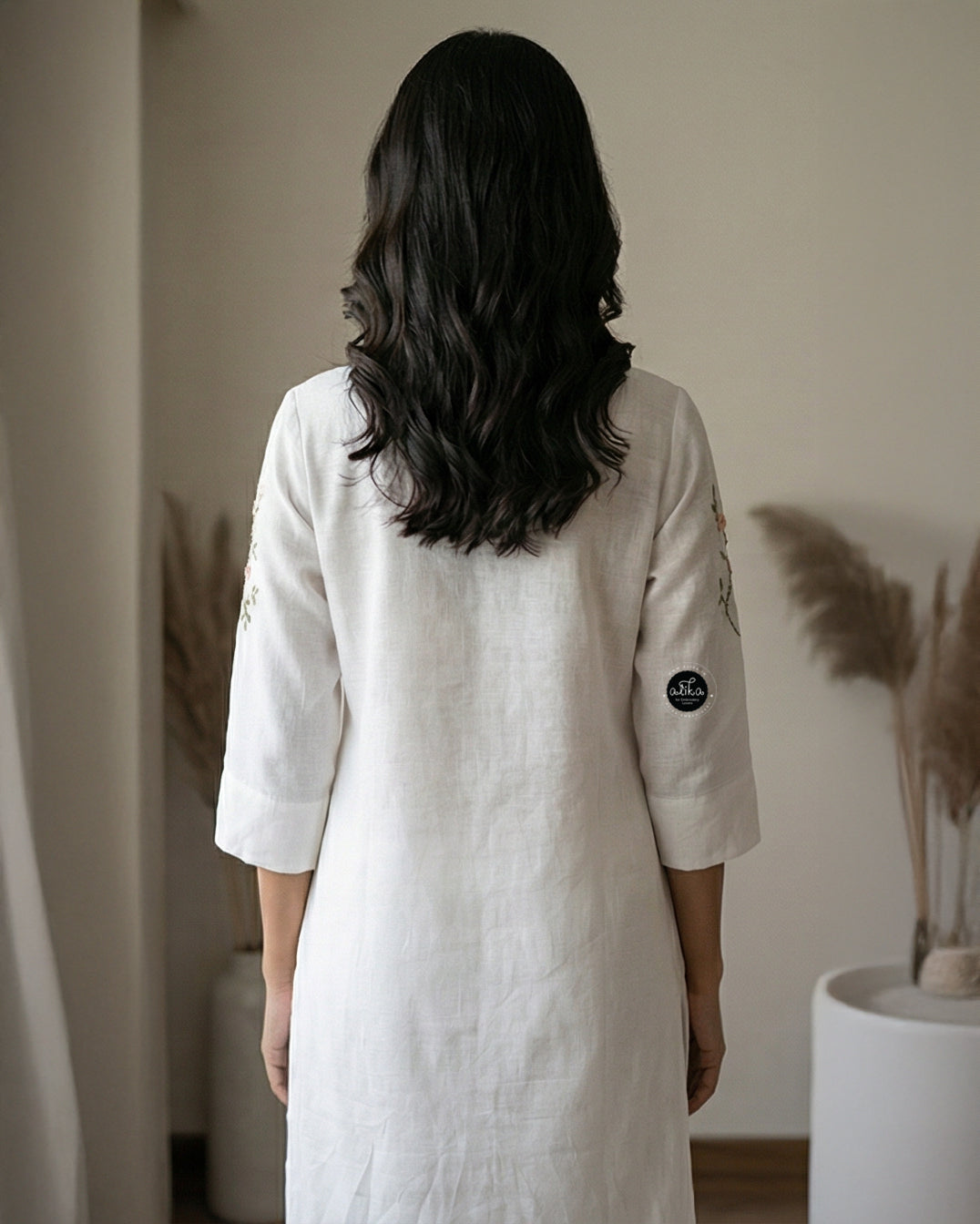 White Semi-Linen Stitched Kurti with Floral Hand Embroidery on Neckline &amp; Top