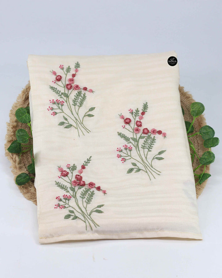 Light Beige Semi Silk Saree with Floral Hand Embroidery