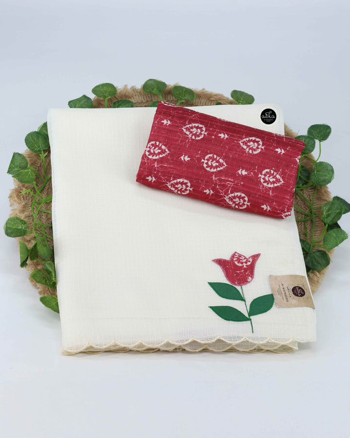 Off White Silky Kota Saree with Floral Appliqué Work