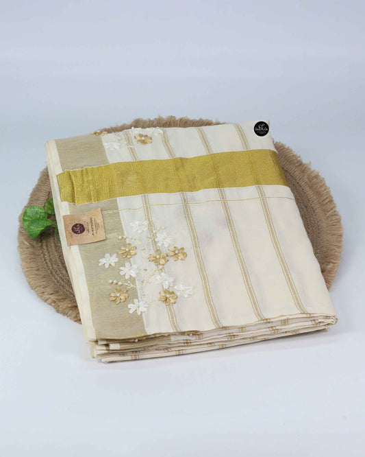 Kasavu Saree with Floral Ribbon Embroidery