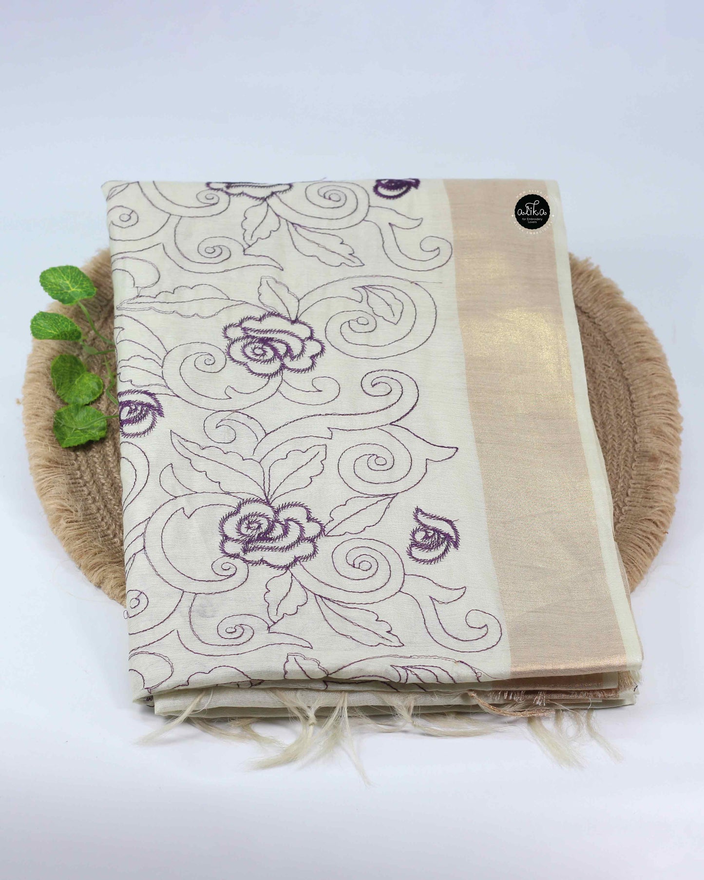 Cream And purple Chanderi Silk Saree with Floral Machine Embroidery