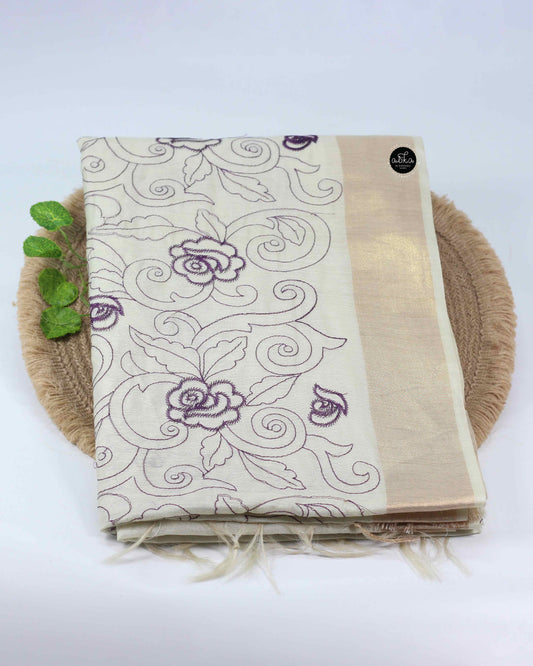 Cream And purple Chanderi Silk Saree with Floral Machine Embroidery