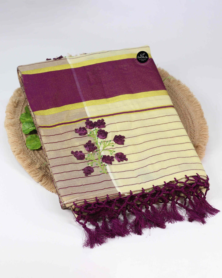 Light Yellow Cotton Saree with Purple Ribbon Bead Embroidery
