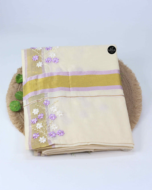 Kerala Kasavu Saree with Lavender Ribbon Work