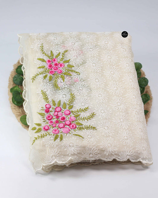 Cream Phulkari Saree with Floral Hand Embroidery