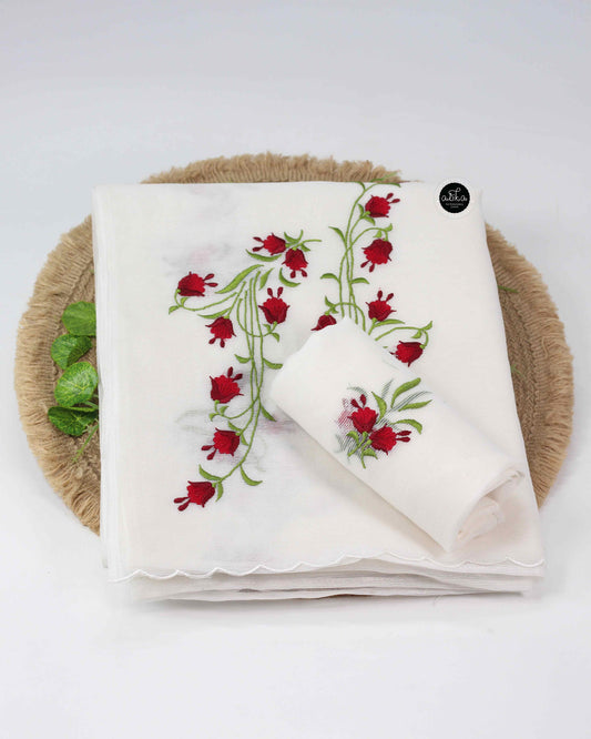 White Kota Saree with Red Floral Machine Embroidery