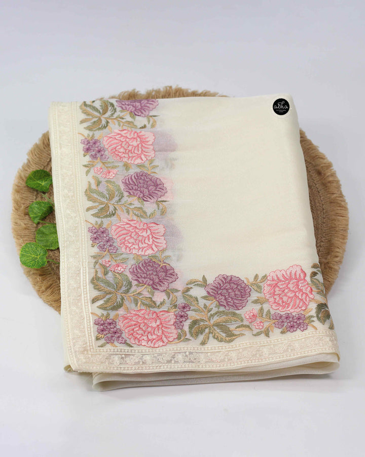 Off White Semi Organza Saree with Floral Machine Embroidery