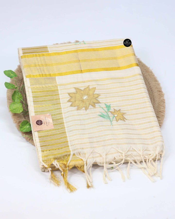 Kerala Kasavu Saree with Applique Embroidery